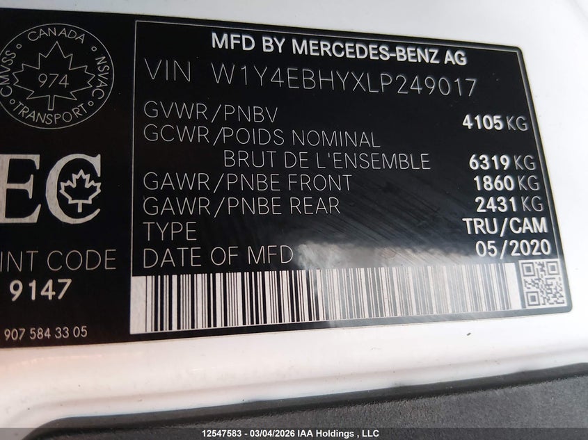 2020 Mercedes-Benz Sprinter 2500 Standard Roof V6 VIN: W1Y4EBHYXLP249017 Lot: 12547583