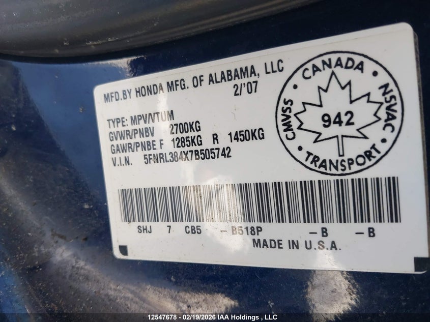 2007 Honda Odyssey Ex VIN: 5FNRL384X7B505742 Lot: 12547678