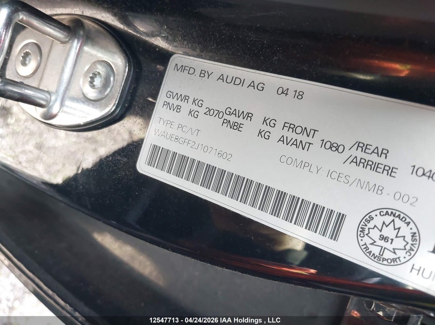 2018 Audi A3 2.0T Progressiv VIN: WAUE8GFF2J1071602 Lot: 12547713