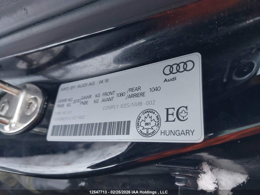 2018 Audi A3 2.0T Progressiv VIN: WAUE8GFF2J1071602 Lot: 12547713