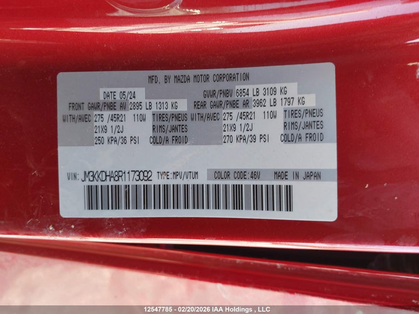 2024 Mazda Cx-90 Phev Gt VIN: JM3KKDHA8R1173092 Lot: 12547785