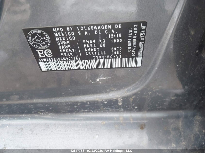 2016 Volkswagen Jetta S VIN: 3VW267AJ6GM307961 Lot: 12547788
