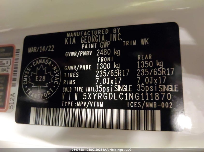 2022 Kia Sorento Lx VIN: 5XYRGDLC1NG111870 Lot: 12547828