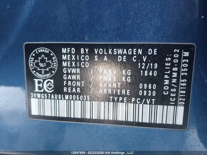 2020 Volkswagen Golf VIN: 3VWG57AU8LM005035 Lot: 12547908