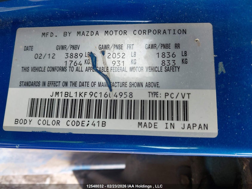 2012 Mazda Mazda3 VIN: JM1BL1KF9C1604958 Lot: 12548032