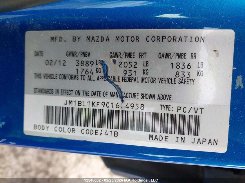 2012 Mazda Mazda3 VIN: JM1BL1KF9C1604958 Lot: 12548032
