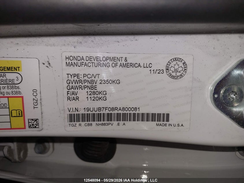 2024 Acura Tlx Type S VIN: 19UUB7F08RA800081 Lot: 12548094