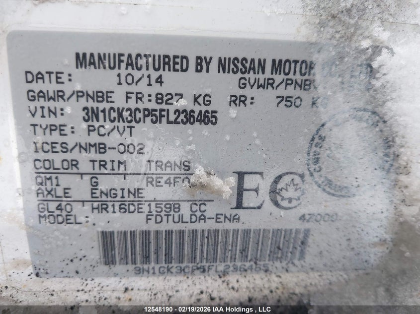 2015 Nissan Micra S/Sr/Sv VIN: 3N1CK3CP5FL236465 Lot: 12548190