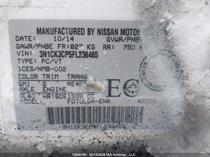 2015 Nissan Micra S/Sr/Sv VIN: 3N1CK3CP5FL236465 Lot: 12548190