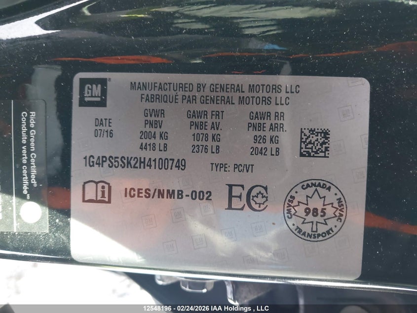 2017 Buick Verano VIN: 1G4PS5SK2H4100749 Lot: 12548196