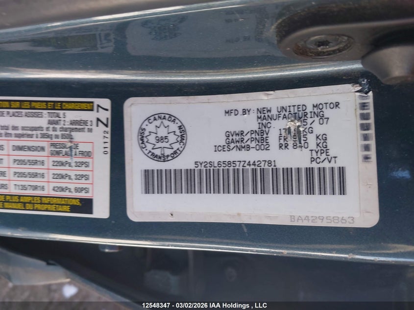 2007 Pontiac Vibe VIN: 5Y2SL65857Z442781 Lot: 12548347