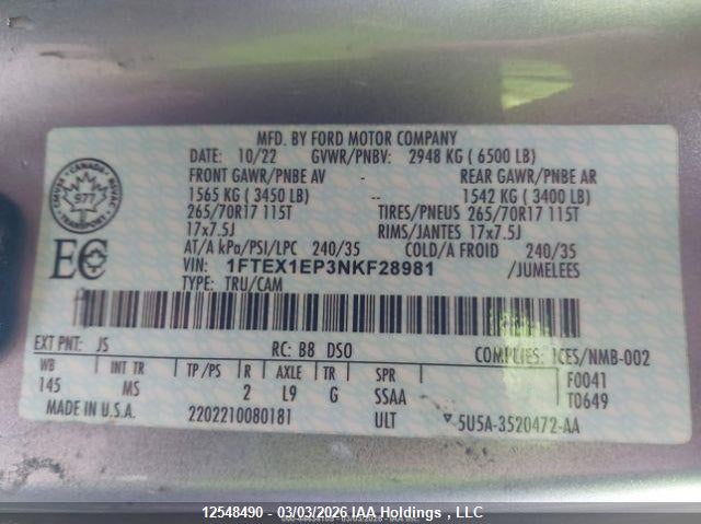 2022 Ford F-Series VIN: 1FTEX1EP3NKF28981 Lot: 12548490