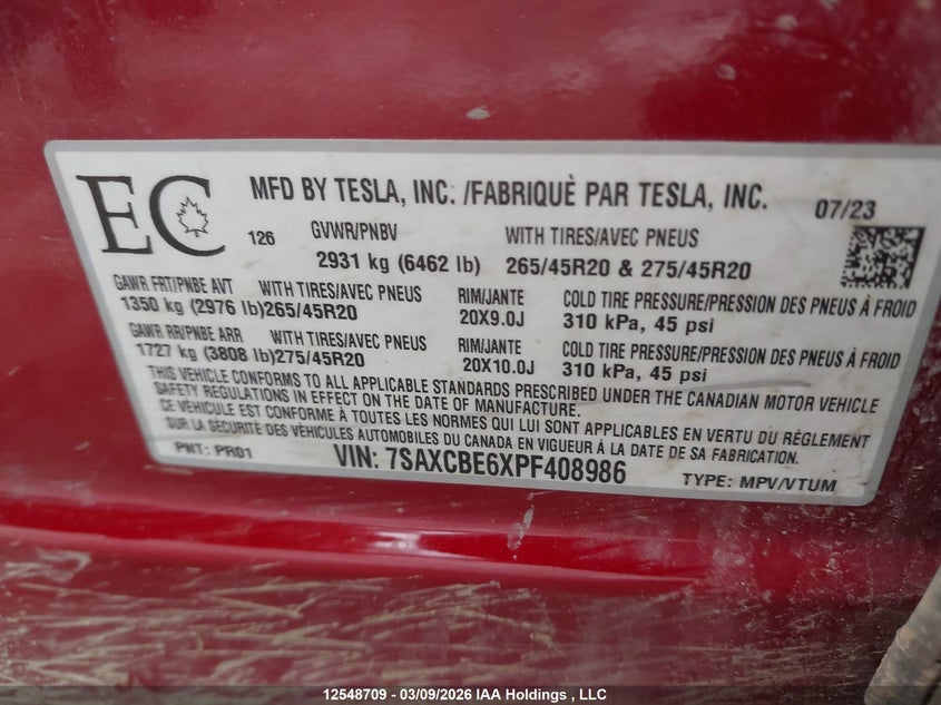 2023 Tesla Model X Plaid VIN: 7SAXCBE6XPF408986 Lot: 12548709