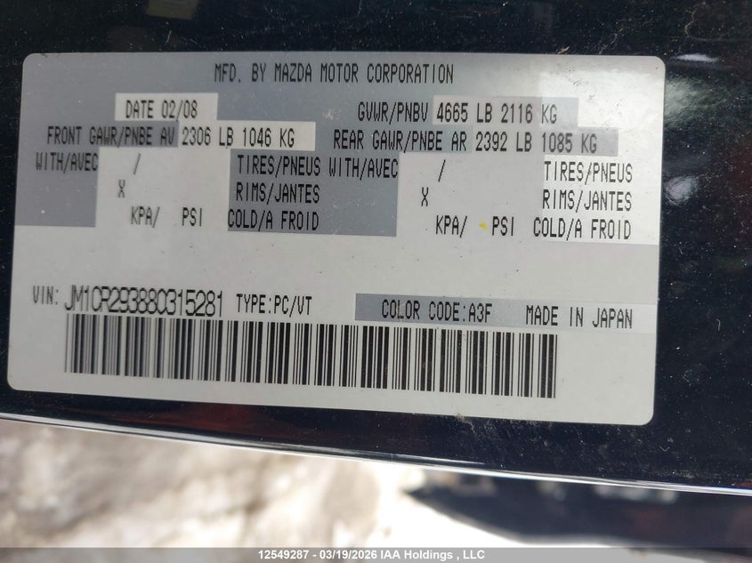 2008 Mazda Mazda5 VIN: JM1CR293880315281 Lot: 12549287