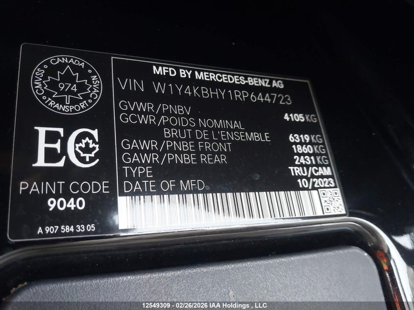 2024 Mercedes-Benz Sprinter 2500 High Roof 4-Cyl Diesel/Standard Roof 4-Cyl Diesel VIN: W1Y4KBHY1RP644723 Lot: 12549309