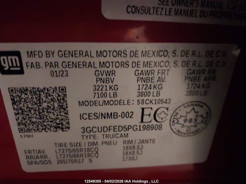 2023 Chevrolet Silverado K1500 Lt Trail Boss VIN: 3GCUDFED5PG198908 Lot: 12549385
