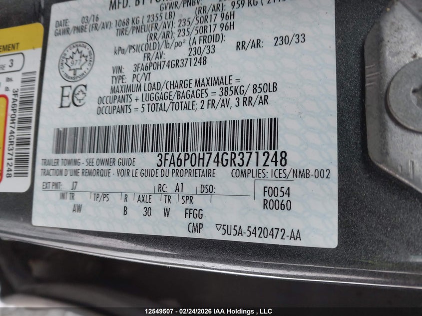 2016 Ford Fusion Se VIN: 3FA6P0H74GR371248 Lot: 12549507