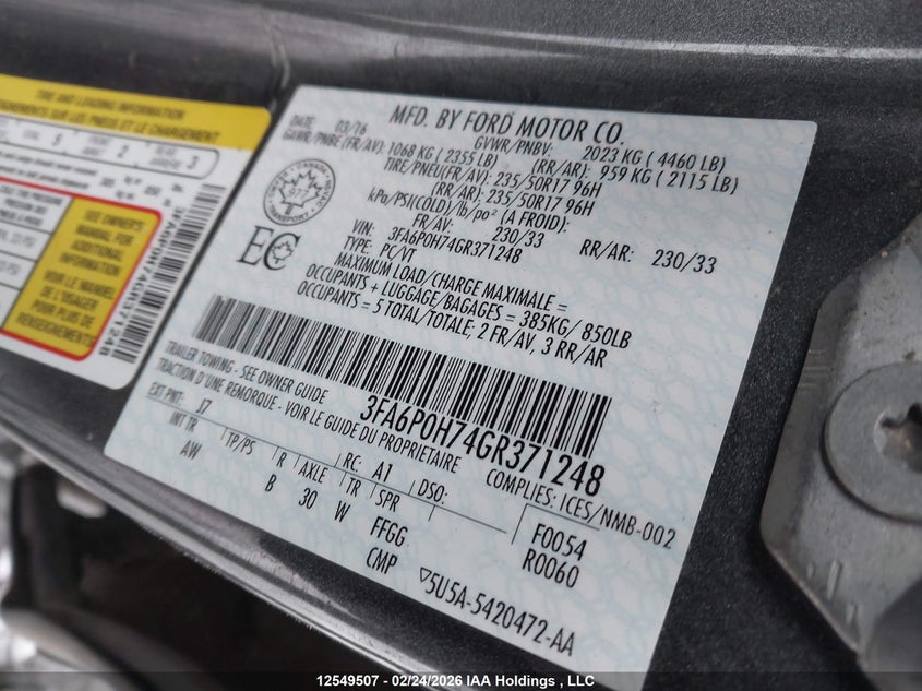 2016 Ford Fusion Se VIN: 3FA6P0H74GR371248 Lot: 12549507