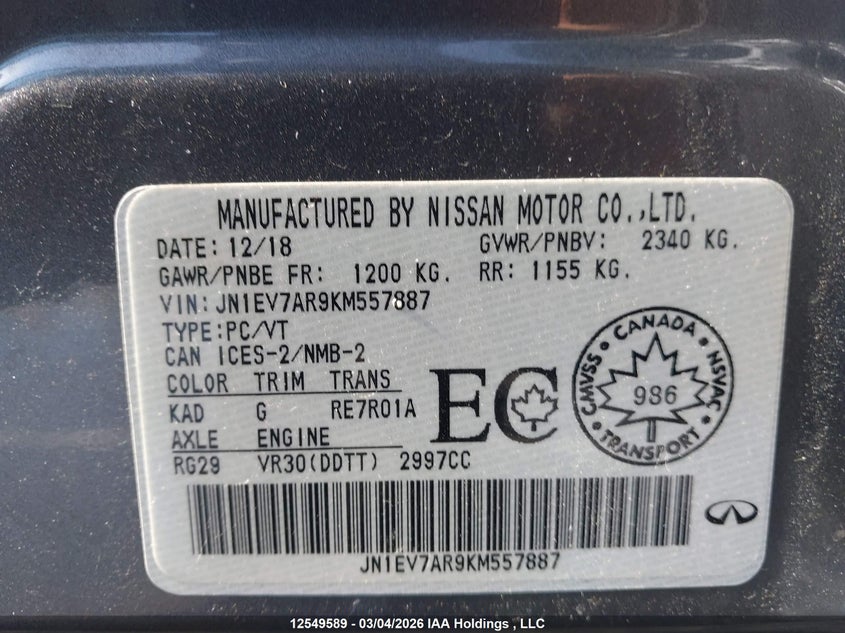 2019 Infiniti Q50 VIN: JN1EV7AR9KM557887 Lot: 12549589