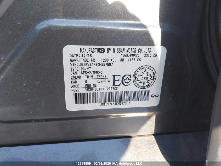 2019 Infiniti Q50 VIN: JN1EV7AR9KM557887 Lot: 12549589