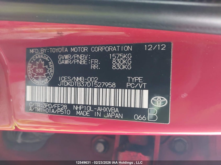 2013 Toyota Prius C VIN: JTDKDTB37D1527958 Lot: 12549631