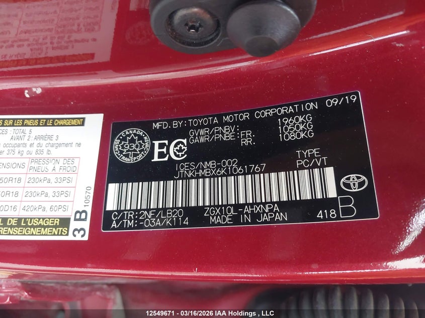 2019 Toyota C-Hr VIN: JTNKHMBX6K1061767 Lot: 12549671