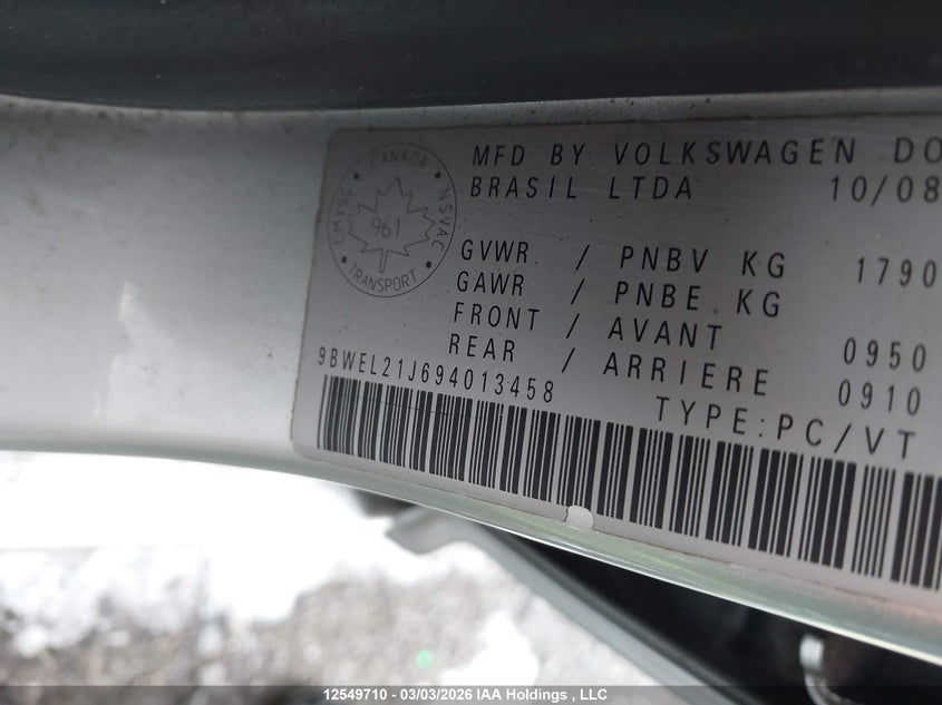 2009 Volkswagen Golf VIN: 9BWEL21J694013458 Lot: 12549710