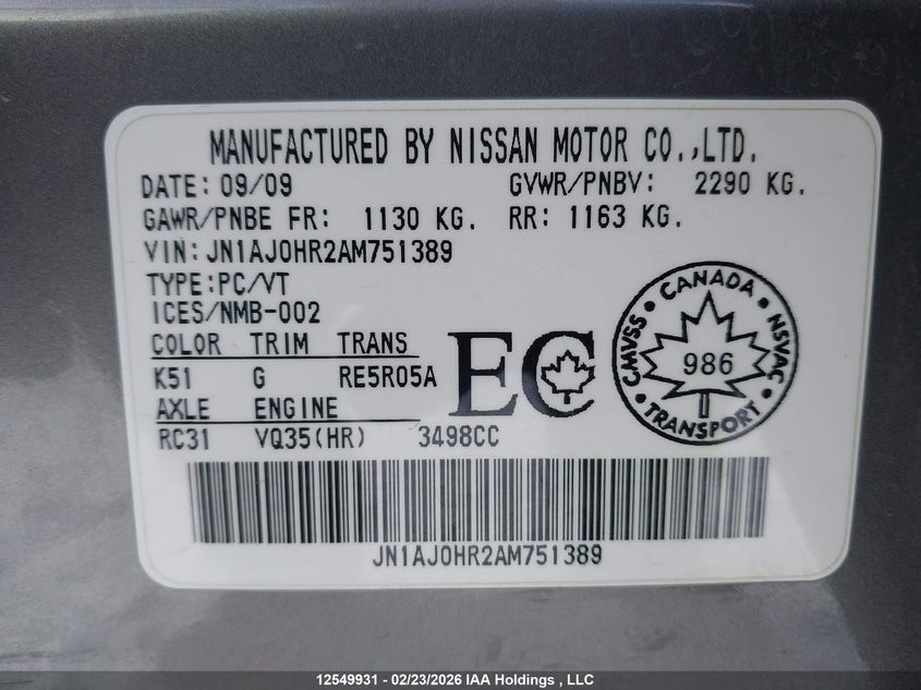 2010 Infiniti Ex35 Journey VIN: JN1AJ0HR2AM751389 Lot: 12549931