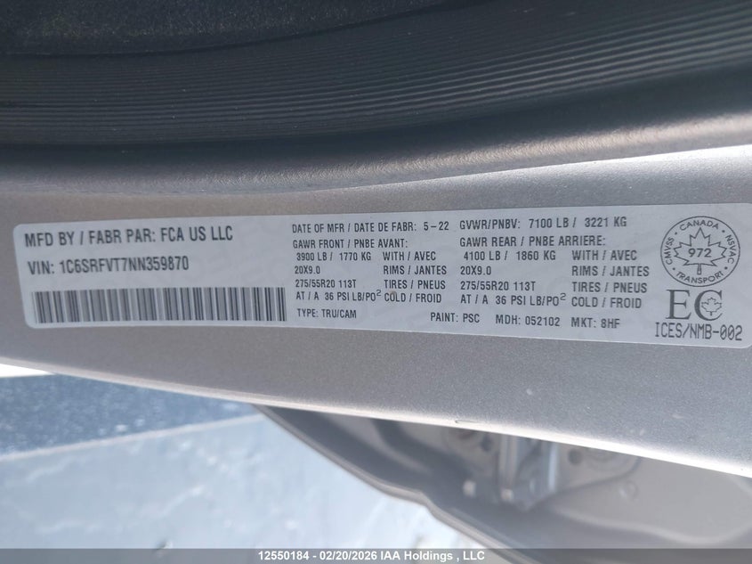 2022 Ram 1500 Sport VIN: 1C6SRFVT7NN359870 Lot: 12550184