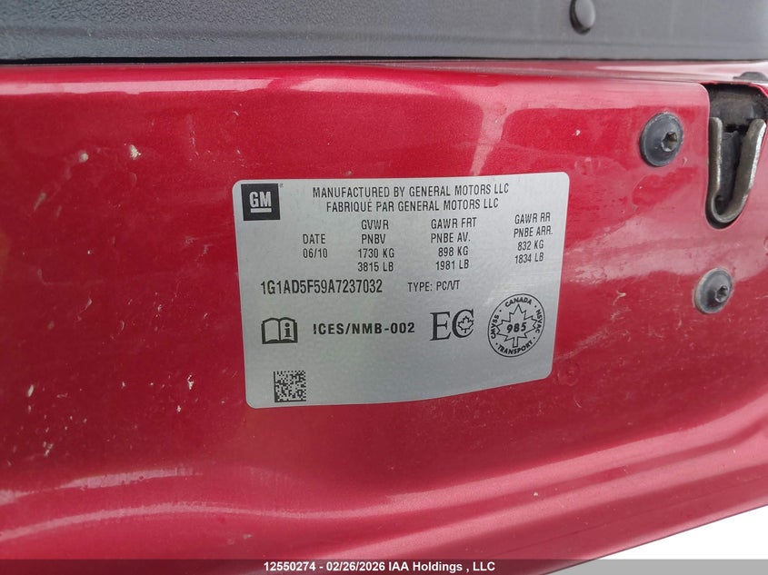 2010 Chevrolet Cobalt Lt VIN: 1G1AD5F59A7237032 Lot: 12550274