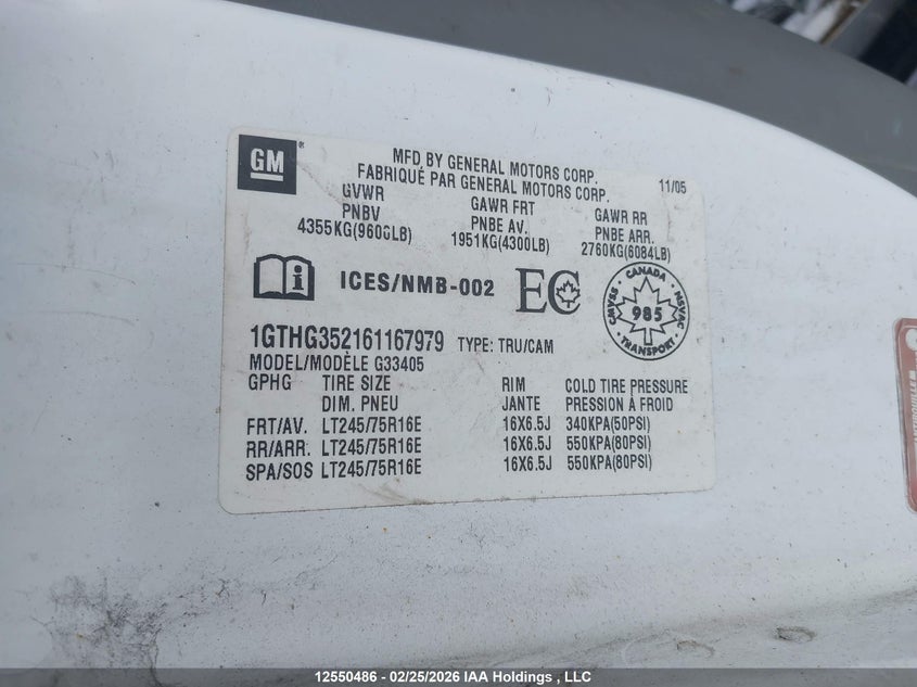 2006 GMC Savana G3500 VIN: 1GTHG352161167979 Lot: 12550486