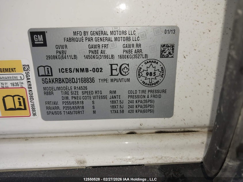 2013 Buick Enclave VIN: 5GAKRBKD8DJ168836 Lot: 12550528