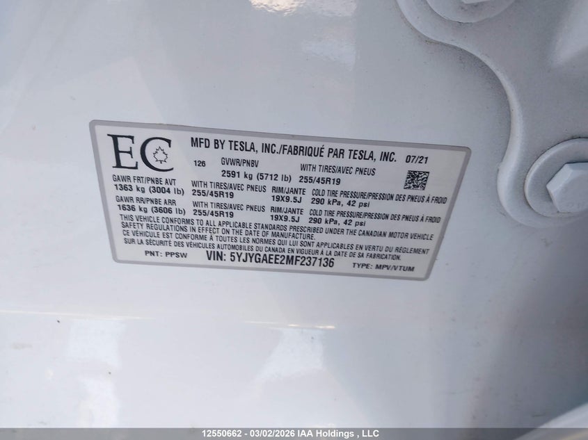 2021 Tesla Model Y Long Range VIN: 5YJYGAEE2MF237136 Lot: 12550662