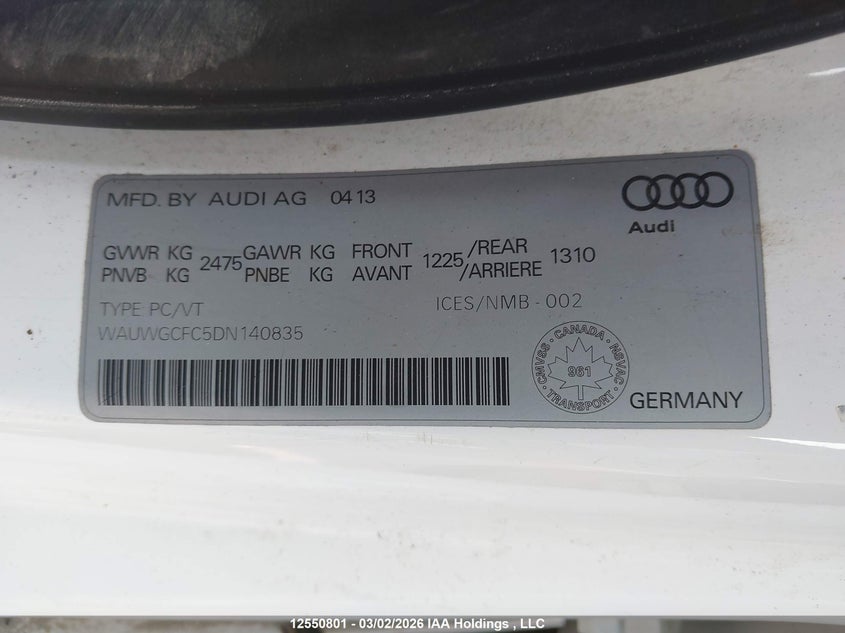 2013 Audi A7 Quattro VIN: WAUWGCFC5DN140835 Lot: 12550801