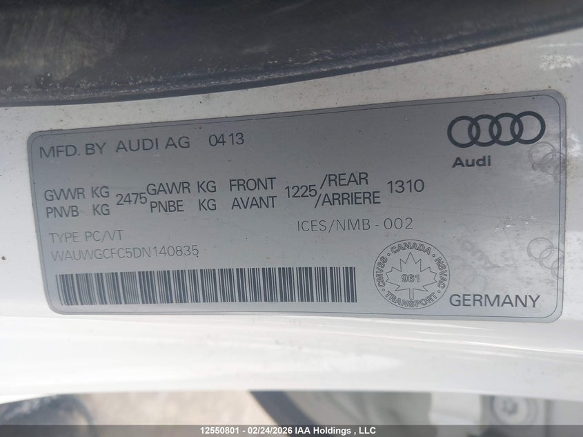 2013 Audi A7 Quattro VIN: WAUWGCFC5DN140835 Lot: 12550801