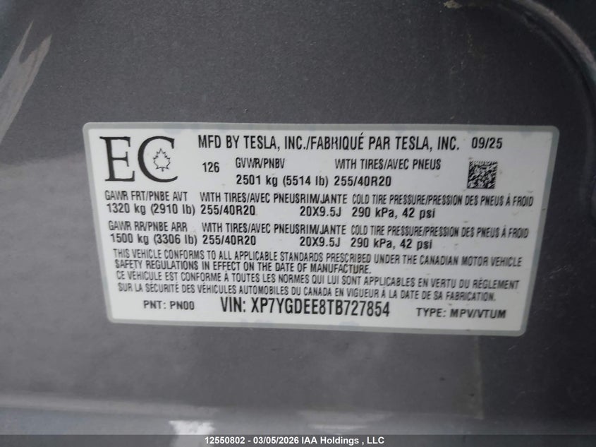 2026 Tesla Model Y VIN: XP7YGDEE8TB727854 Lot: 12550802