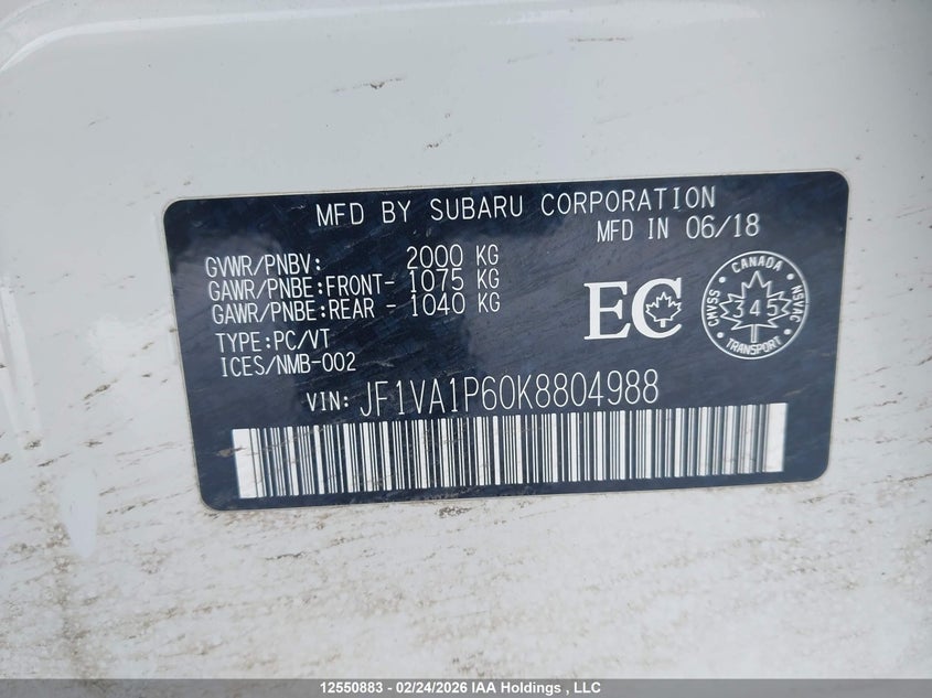 2019 Subaru Wrx Sport-Tech VIN: JF1VA1P60K8804988 Lot: 12550883