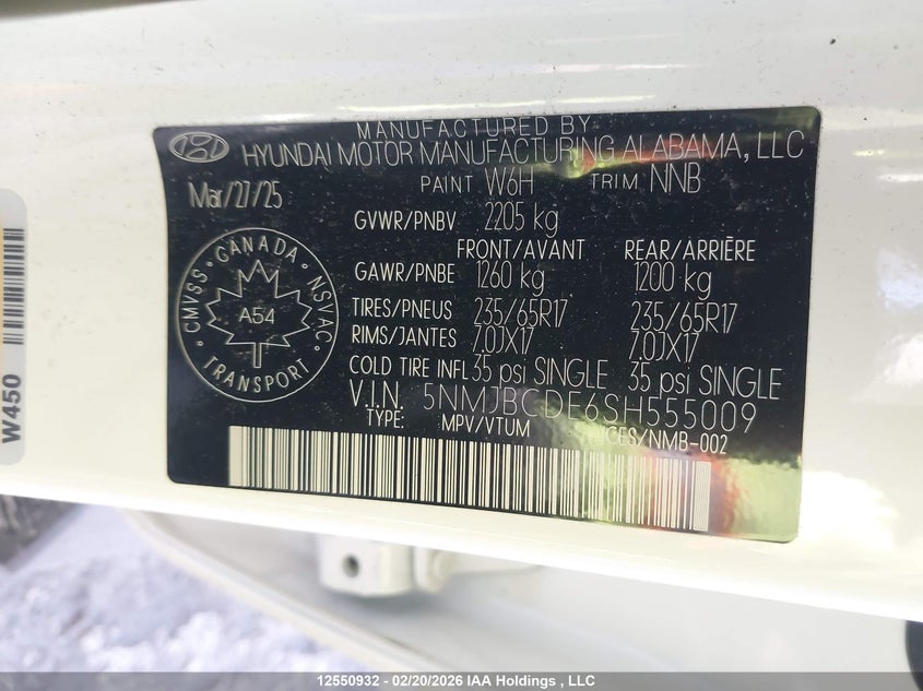 2025 Hyundai Tucson Sel VIN: 5NMJBCDE6SH555009 Lot: 12550932