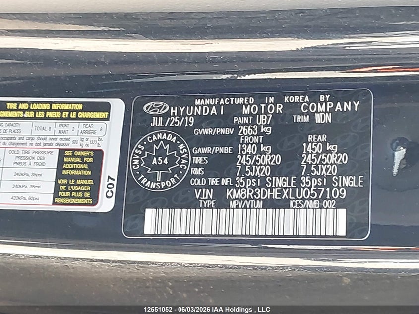 2020 Hyundai Palisade Sel VIN: KM8R3DHEXLU057109 Lot: 12551052