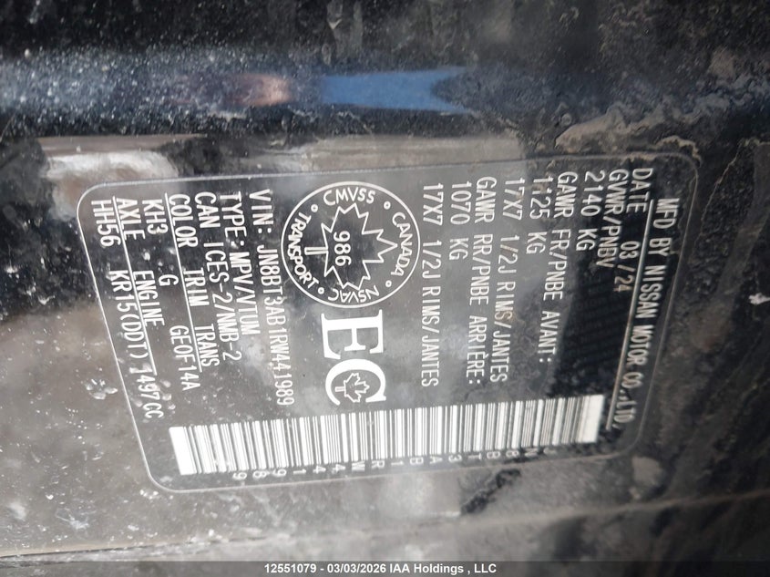 2024 Nissan Rogue S VIN: JN8BT3AB1RW441989 Lot: 12551079