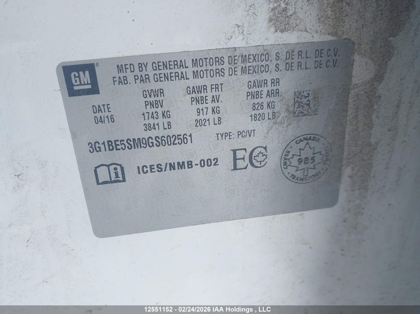2016 Chevrolet Cruze Lt VIN: 3G1BE5SM9GS602561 Lot: 12551152