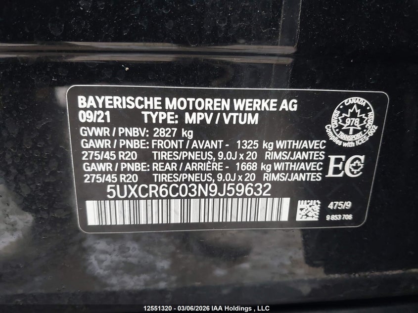 2022 BMW X5 xDrive40I VIN: 5UXCR6C03N9J59632 Lot: 12551320