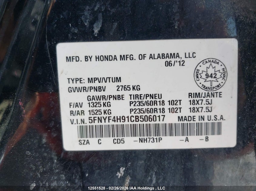2012 Honda Pilot Touring VIN: 5FNYF4H91CB506017 Lot: 12551528
