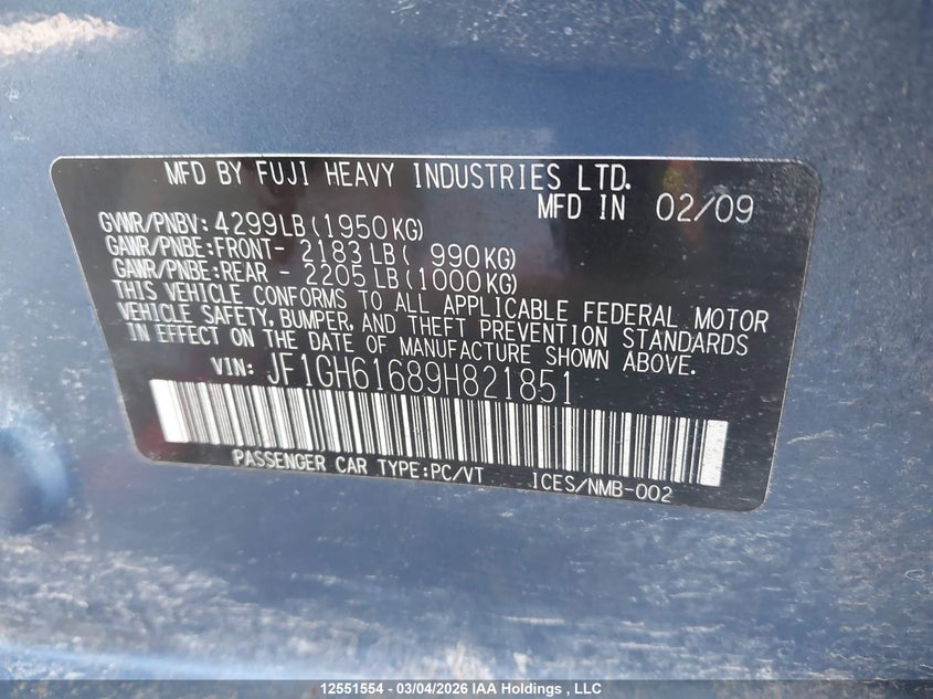2009 Subaru Impreza 2.5 I VIN: JF1GH61689H821851 Lot: 12551554