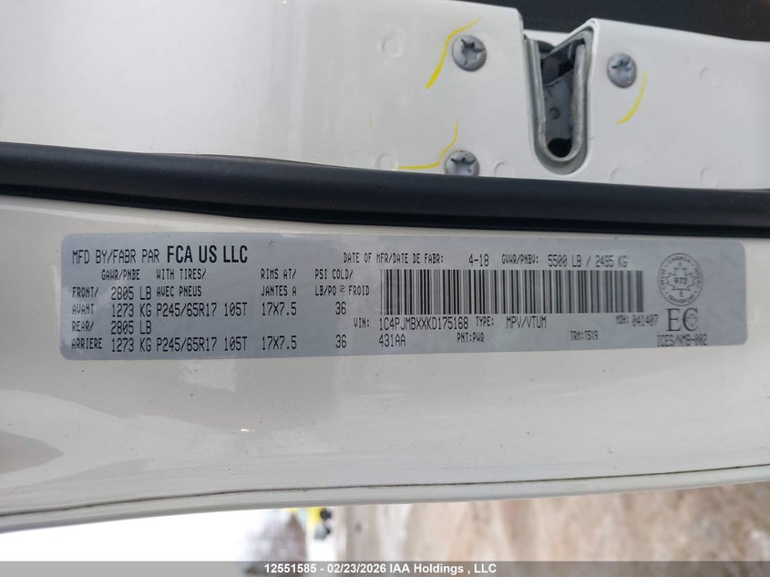 2019 Jeep Cherokee Trailhawk VIN: 1C4PJMBXXKD175168 Lot: 12551585