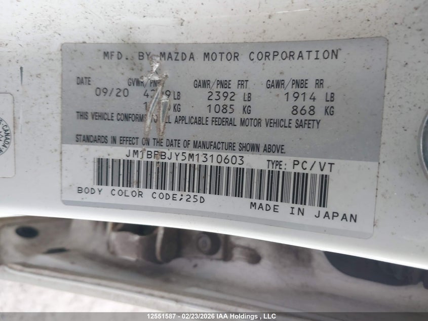 2021 Mazda 3 VIN: JM1BPBJY5M1310603 Lot: 12551587