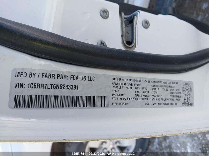 2022 Ram 1500 5.7 Classic Slt White Lot 111012551791 Vin 1C6RR7LT6NS243391