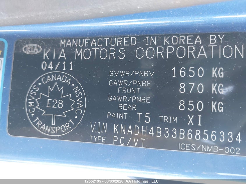 2011 Kia Rio Ex/Ex-Convenience VIN: KNADH4B33B6856334 Lot: 12552195