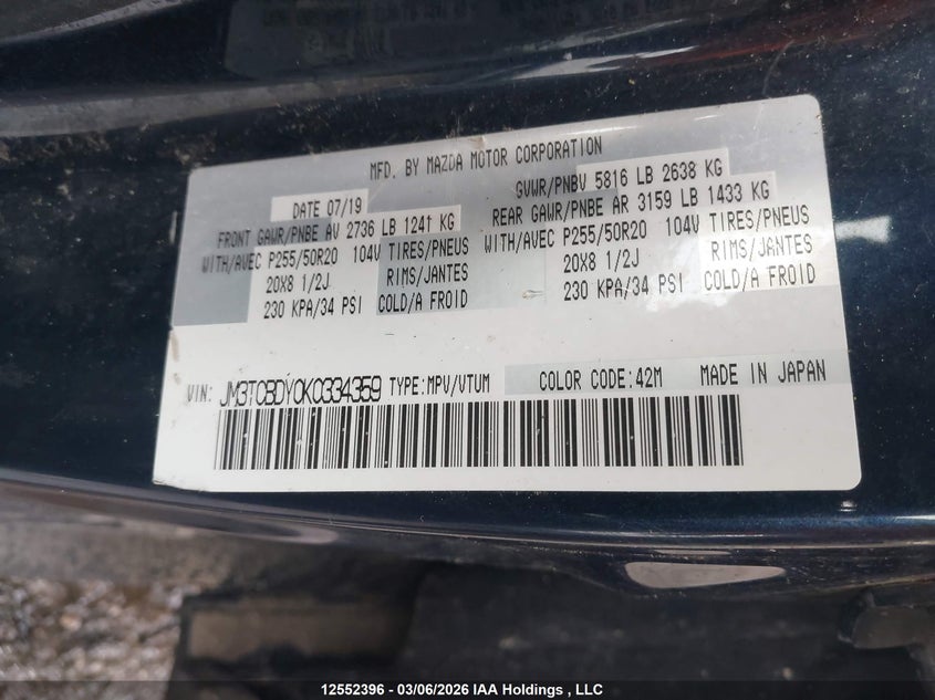 2019 Mazda Cx-9 Grand Touring VIN: JM3TCBDY0K0334359 Lot: 12552396