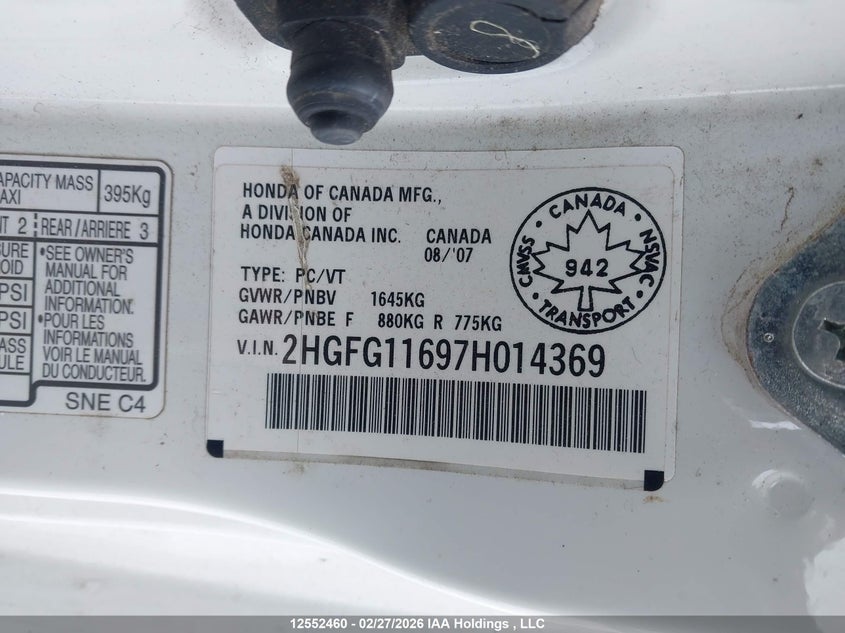 2007 Honda Civic Lx VIN: 2HGFG11697H014369 Lot: 12552460